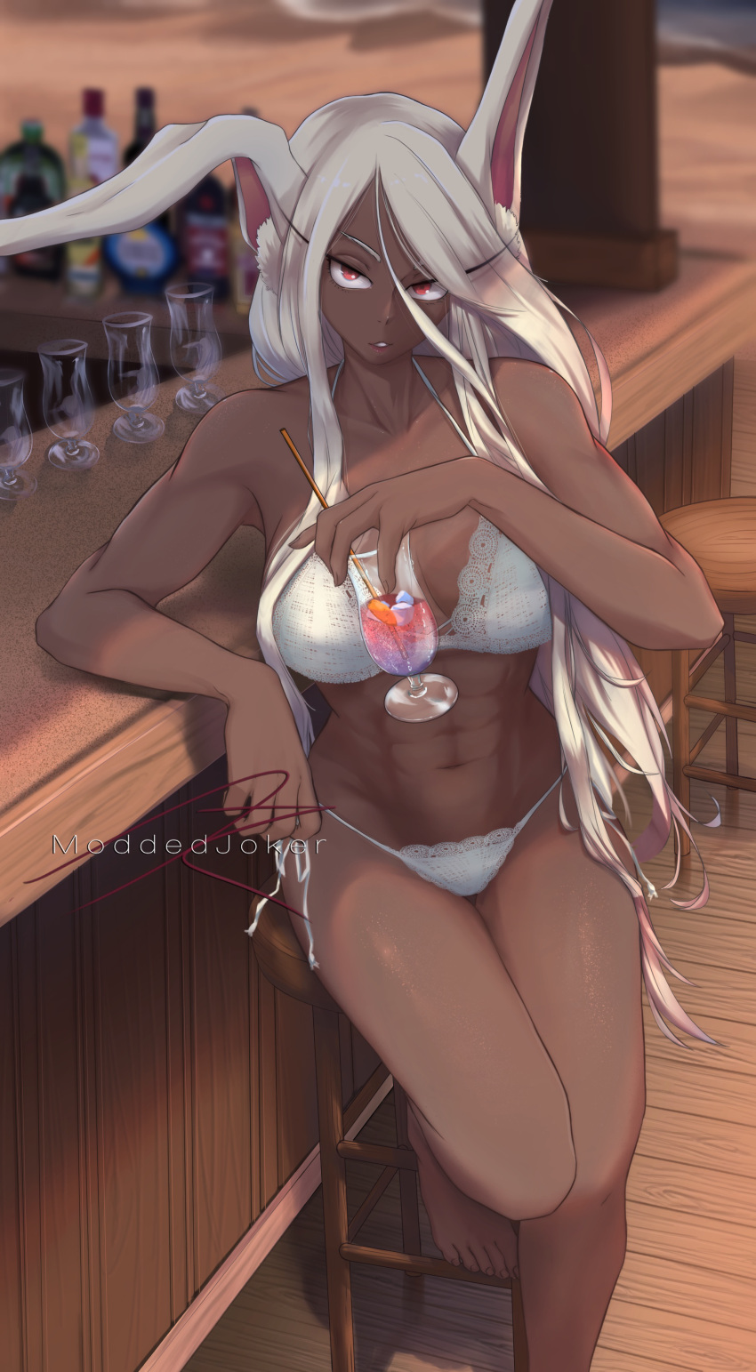 1girl, abs, absurdres, animal_ear_fluff, animal_ears, bar, barefoot, beach, bikini, boku_no_hero_academia, breasts, cocktail, cocktail_glass, collarbone, commentary, cup, dark_skin, dark-skinned_female, drinking_glass, drinking_straw, english_commentary, full_body, highres, lace-trimmed_bikini, lace_trim, leaning_on_table, long_eyelashes, long_hair, looking_at_viewer, medium_breasts, mirko, moddedjoker, muscular, muscular_female, navel, rabbit_ears, rabbit_girl, red_eyes, shiny, shiny_skin, side-tie_bikini, signature, silver_hair, sitting, solo, spaghetti_strap, stool, strap_gap, swimsuit, thigh_gap, toenails, toes, toned, white_bikini