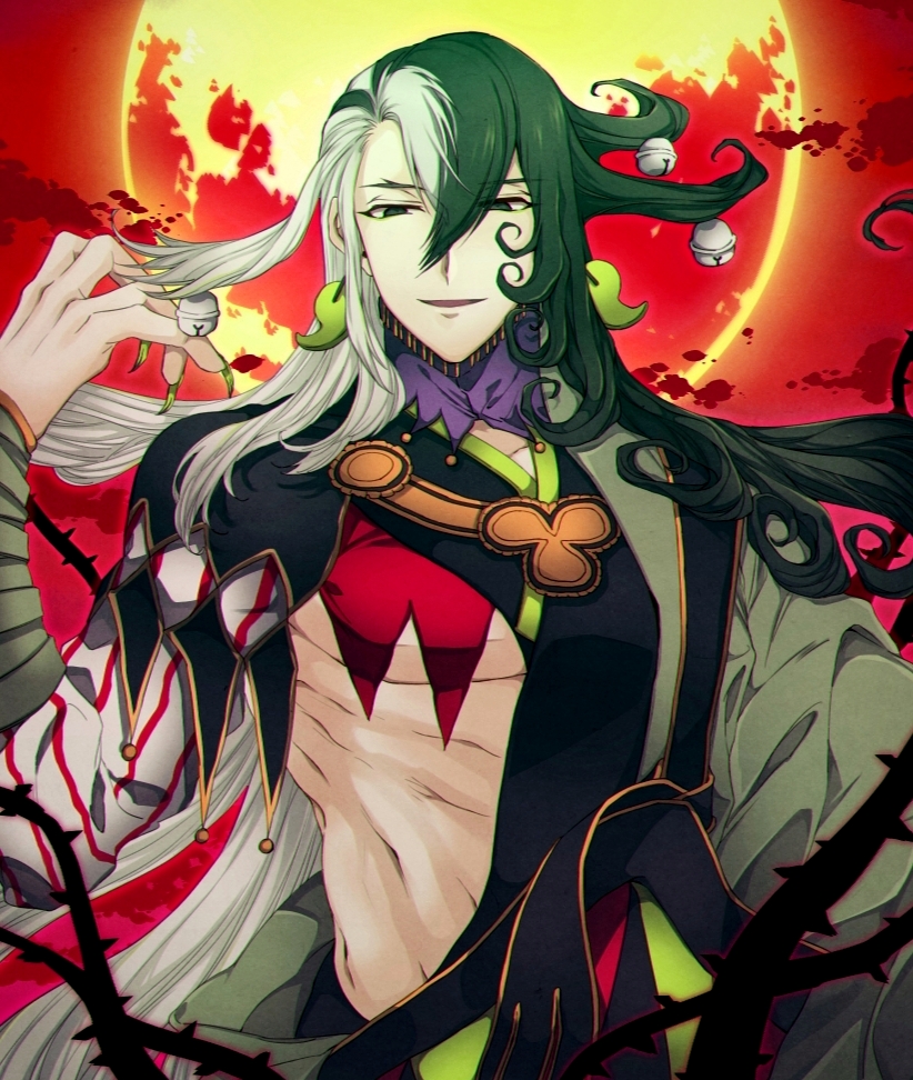 1boy, ashiya_douman_(fate), asymmetrical_clothes, asymmetrical_hair, bell, black_eyes, black_hair, curly_hair