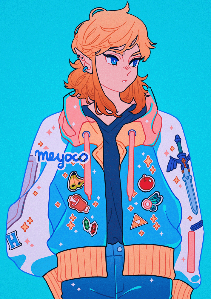 1boy, alternate_costume, apple, aqua_background, artist_name, banana, black_shirt, blonde_hair