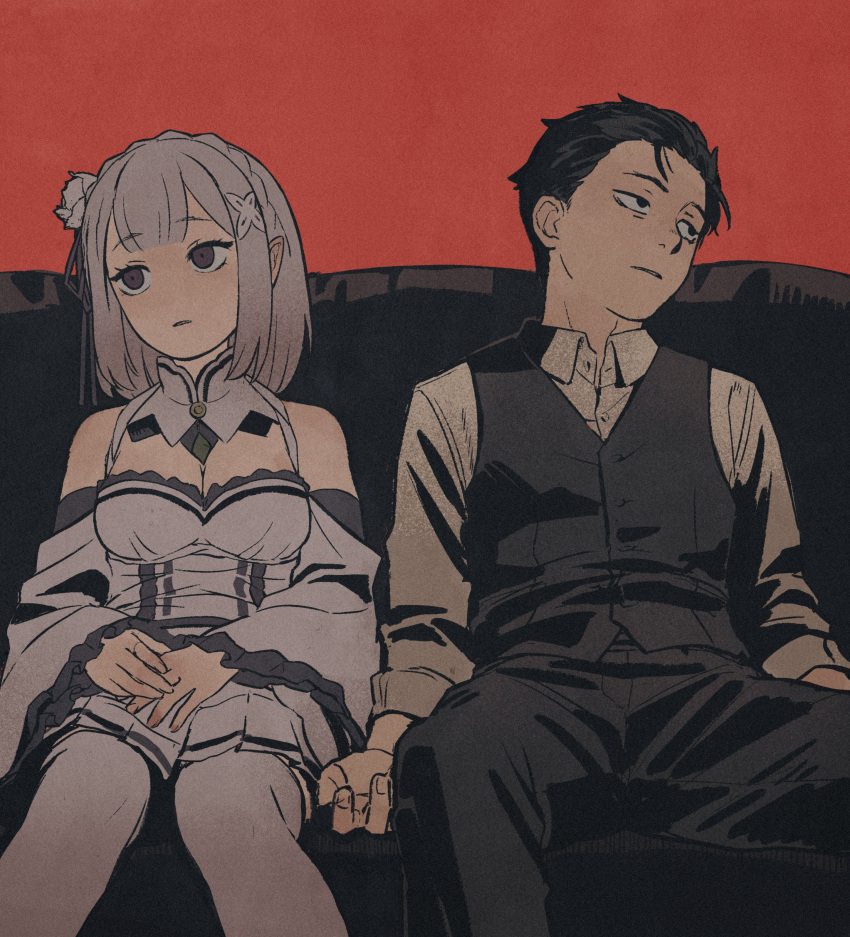 1boy, 1girl, absurdres, alternate_costume, black_eyes, black_hair, collared_shirt, detached_sleeves