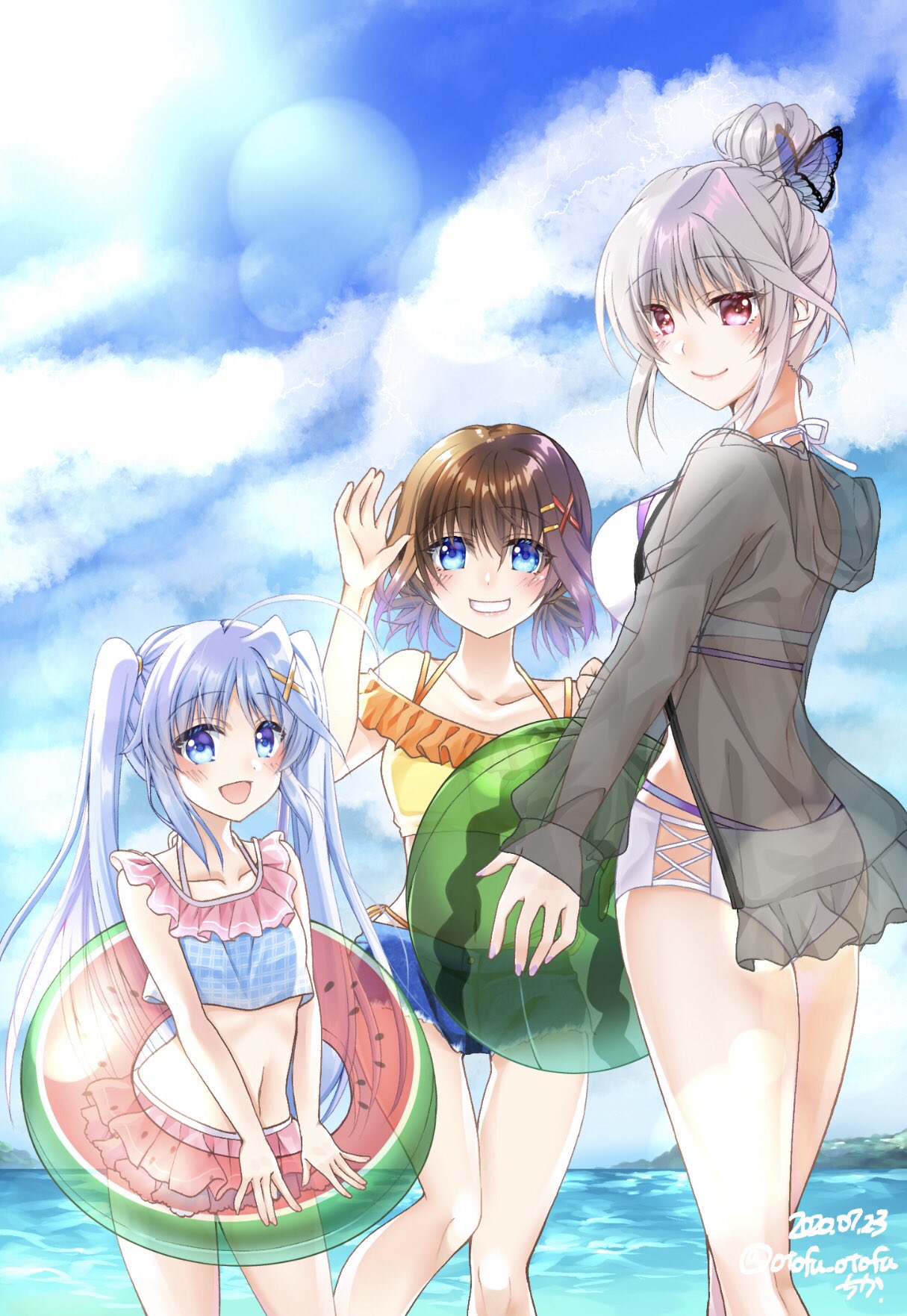 3girls, ameyado_chika, artist_name, ball, bangs, beachball, bikini, bikini_skirt