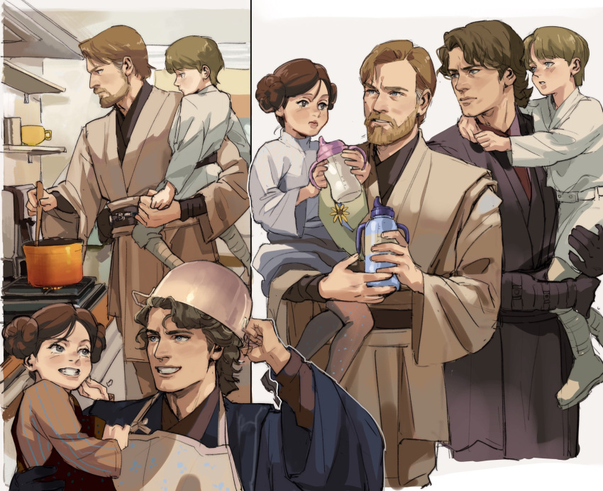 1girl, 3boys, anakin_skywalker, apron, beard, black_gloves, black_robe, blue_eyes