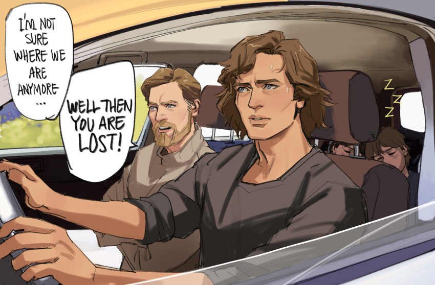 1girl, 3boys, absurdres, anakin_skywalker, beard, black_shirt, blue_eyes, brother_and_sister