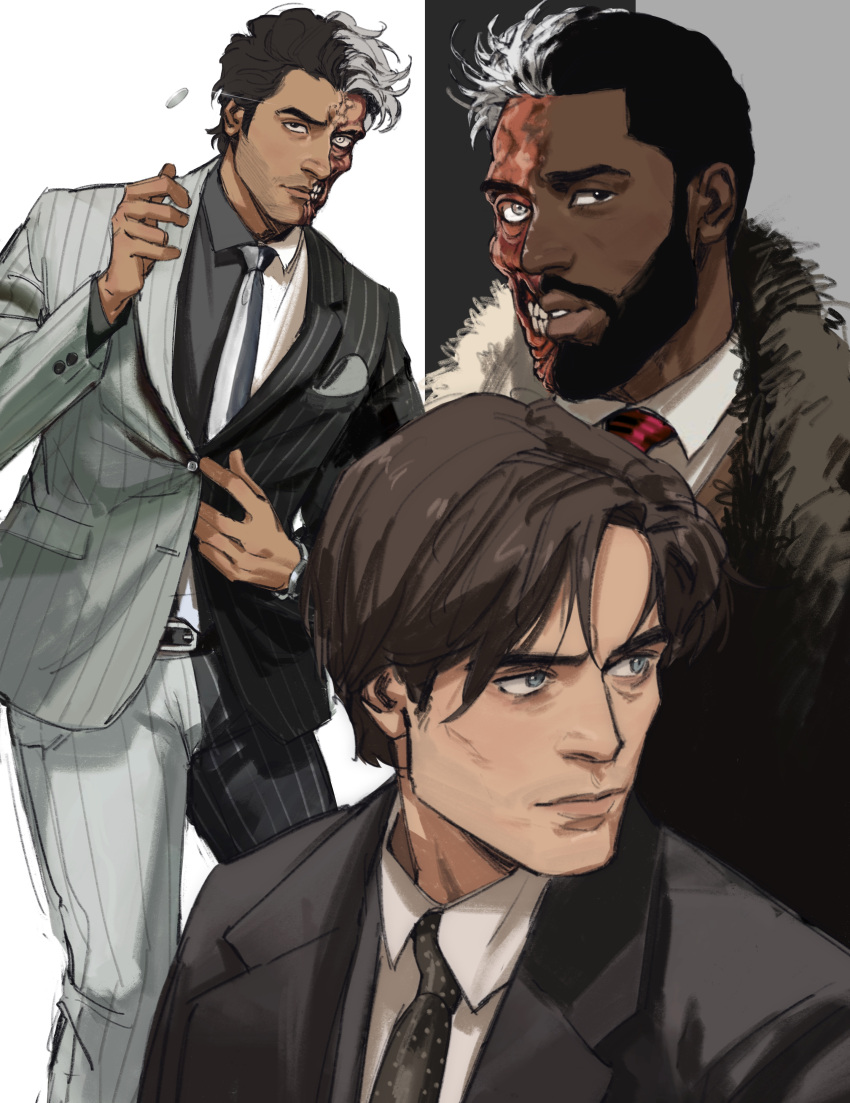 3boys, absurdres, bangs, batman_(series), beard, belt, black_background, black_eyes, black_hair, black_neckwear, black_pants, blue_eyes, brown_hair, brown_jacket, brown_neckwear, brown_vest, bruce_wayne, closed_mouth, coin, collared_shirt, commentary, dark_skin, dark_skinned_male, dc_comics, dual_persona, english_commentary, facial_hair, formal, glint, grey_background, grey_eyes, grey_hair, grey_jacket, grey_pants, grey_shirt, heterochromia, highres, jacket, john_david_washington, lips, looking_at_viewer, looking_to_the_side, male_focus, multicolored, multicolored_background, multicolored_hair, multiple_boys, mustache, necktie, oscar_isaac, pants, parted_lips, red_neckwear, robert_pattinson, scar, shirt, short_hair, split_screen, split_theme, striped, striped_legwear, suit, teeth, the_batman_(2022), thisuserisalive, two-face, two-tone_hair, two-tone_jacket, two-tone_neckwear, two-tone_pants, two-tone_shirt, vertical-striped_jacket, vertical-striped_legwear, vertical_stripes, vest, watch, white_background, white_neckwear, white_shirt