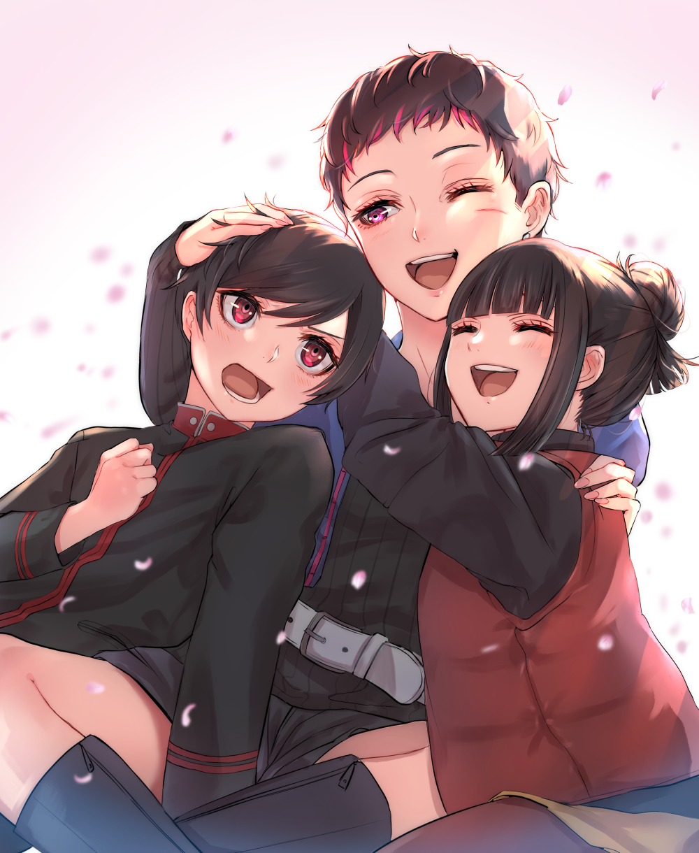 1boy, 2girls, :d, ;d, aibon, akudama_drive, bangs, belt