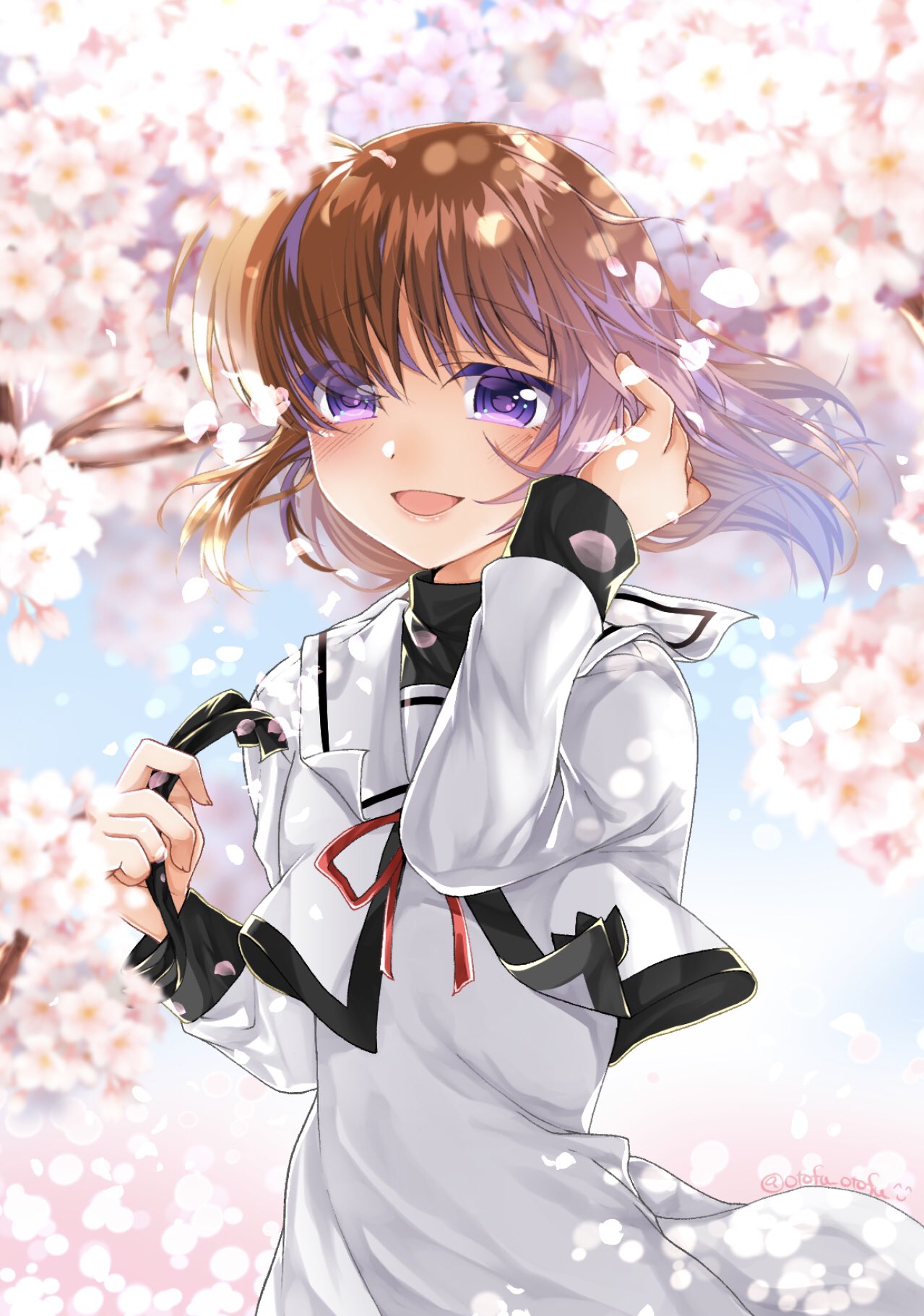 1girl, ameyado_chika, artist_name, bangs, blurry, blurry_background, brown_hair, cherry_blossoms, commentary_request, dappled_sunlight, day, depth_of_field, dress, eyebrows_visible_through_hair, hair_down, hair_ribbon, hand_in_hair, highres, holding, holding_ribbon, long_sleeves, looking_at_viewer, lyrical_nanoha, mahou_shoujo_lyrical_nanoha, medium_dress, medium_hair, neck_ribbon, open_mouth, ribbon, ribbon_removed, sailor_dress, school_uniform, seishou_elementary_school_uniform, signature, smile, solo, standing, sunlight, takamachi_nanoha, twitter_username, upper_body, violet_eyes, white_ribbon, wind