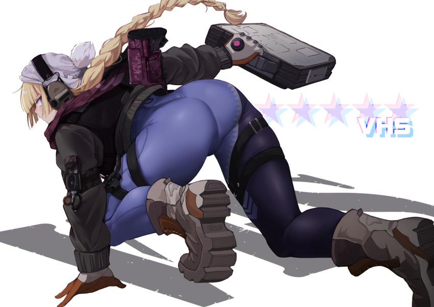 1girl, arm_holster, ass, assault_rifle, bangs, black_jacket, blonde_hair, blue_eyes