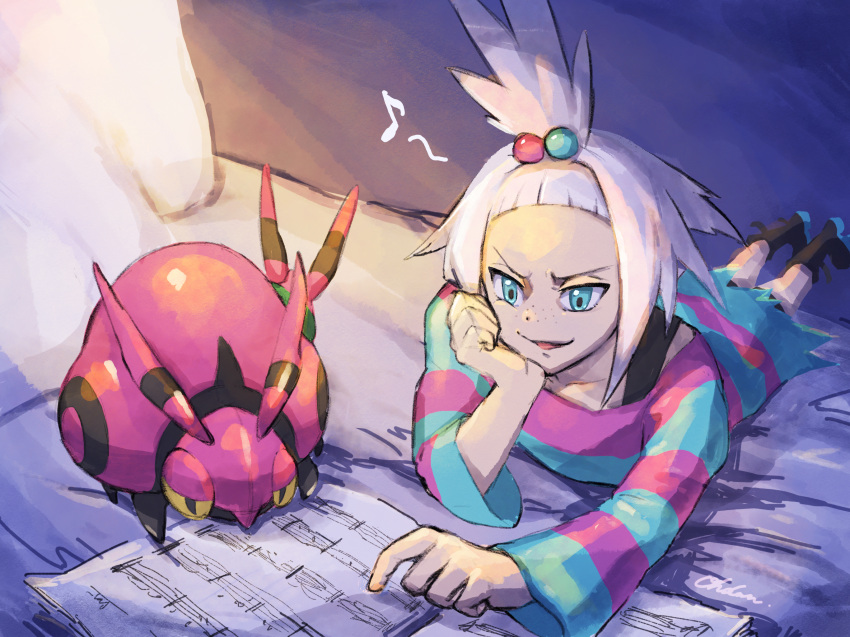 1girl, bed, blue_eyes, boots, bra_strap, dress, forehead, freckles