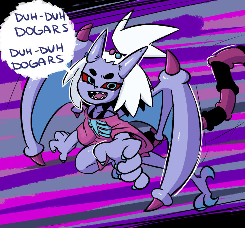 1girl, boots, bra_strap, claws, commission, dress, forehead, gym_leader, hair_bobbles, hair_ornament, highres, jellot, metroid, nintendo, pokemon, pokemon_(game), pokemon_bw2, ridley, roxie_(pokemon), sharp_teeth, speech_bubble, striped, tail, teeth, topknot, white_hair, wings