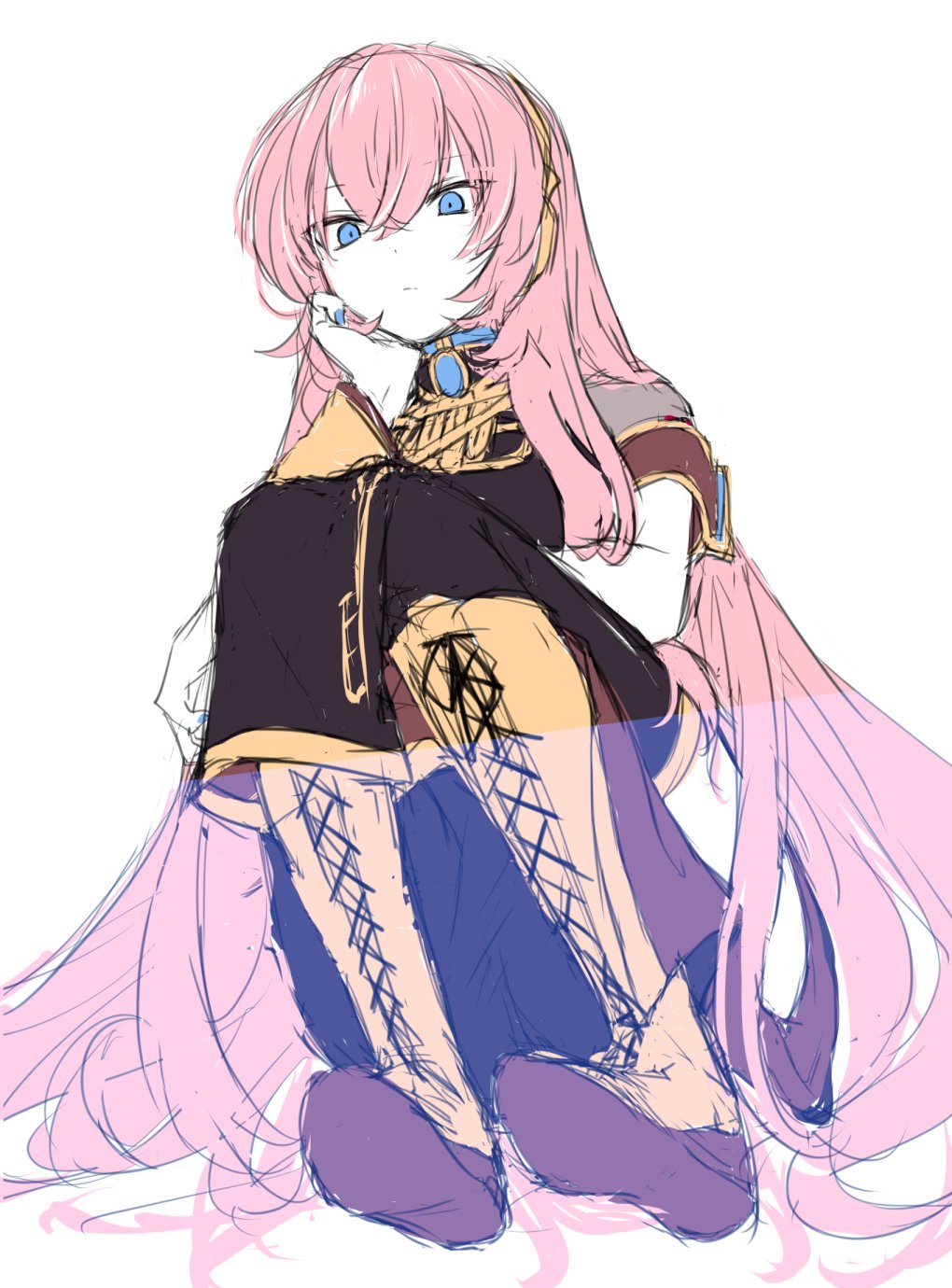 1girl, armband, black_shirt, black_skirt, blue_eyes, boots, commentary, cross-laced_footwear