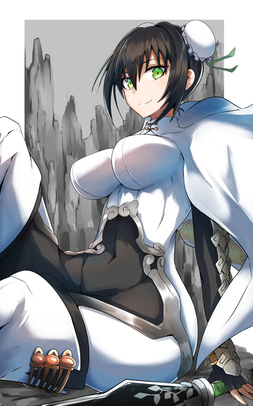 arm_guards, bodysuit, breasts, bun_cover, cape, chinese_clothes, covered_navel, double_bun