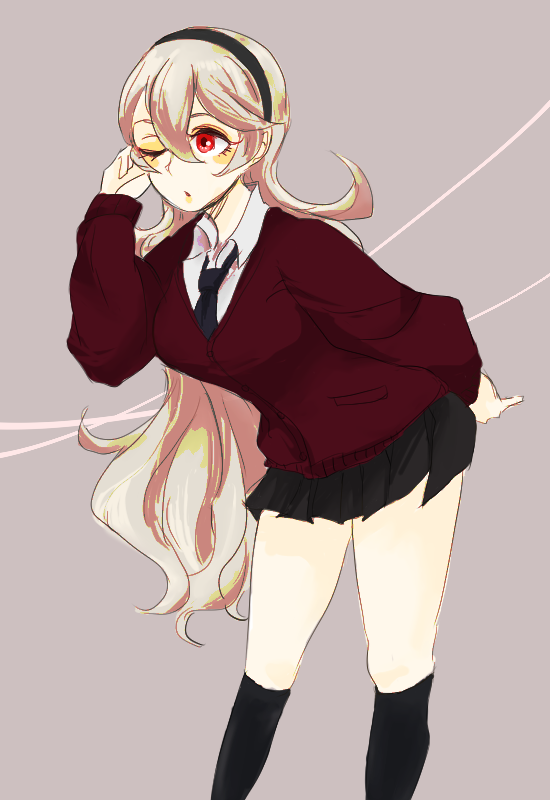 1girl, alternate_costume, bangs, breasts, collared_shirt, corrin_(fire_emblem), corrin_(fire_emblem)_(female), fire_emblem, fire_emblem_fates, hairband, kiri_(tsuwano_010), long_hair, looking_to_the_side, necktie, one_eye_closed, red_eyes, shirt, skirt, sweater, upper_body, white_hair
