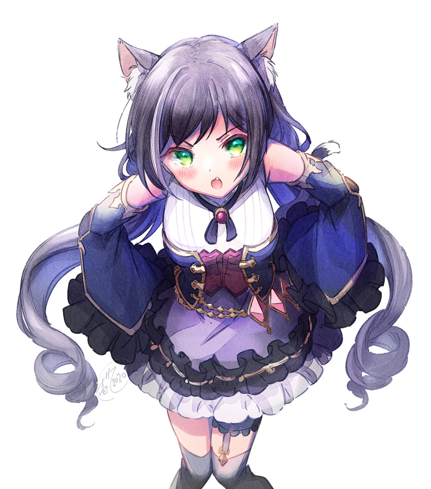 1girl, animal_ear_fluff, animal_ears, bangs, bare_shoulders, black_hair, black_legwear, blue_sleeves