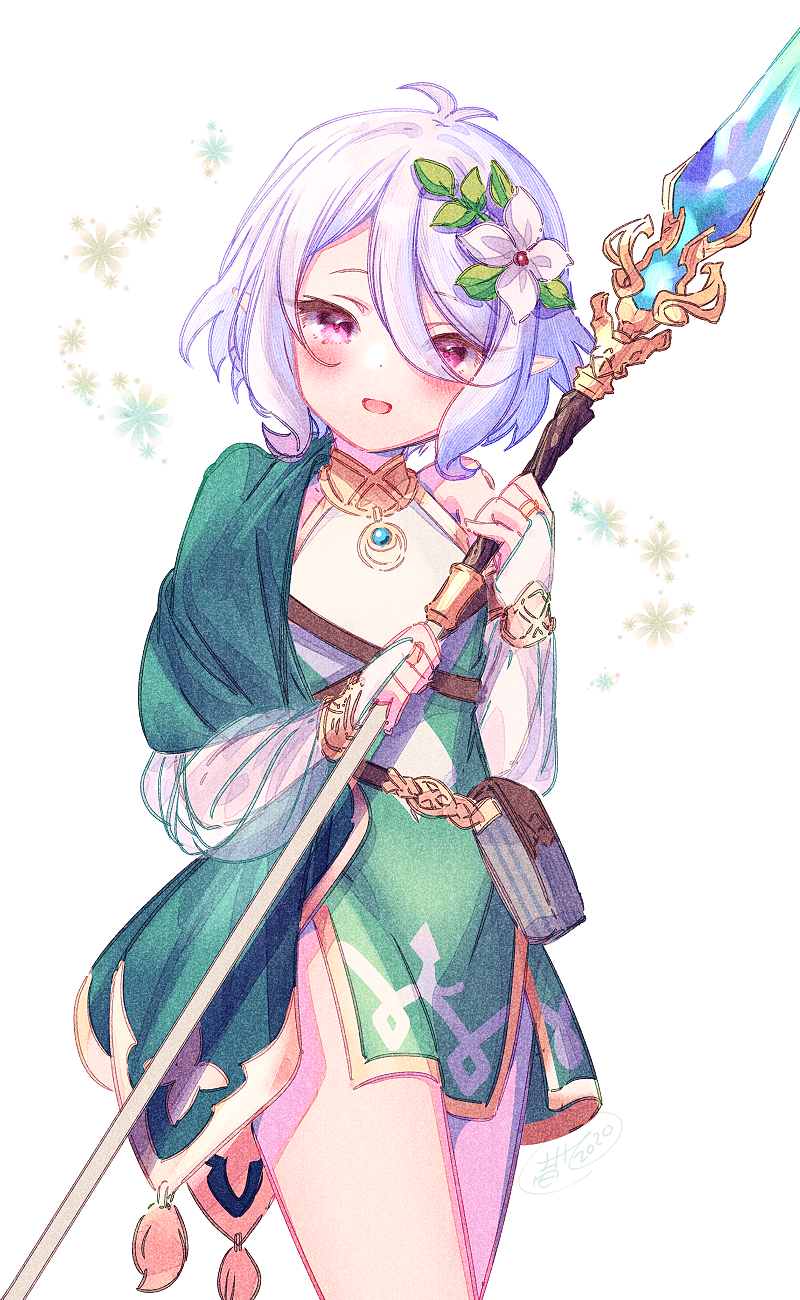 1girl, :d, antenna_hair, bangs, bare_shoulders, bridal_gauntlets, detached_sleeves, dress