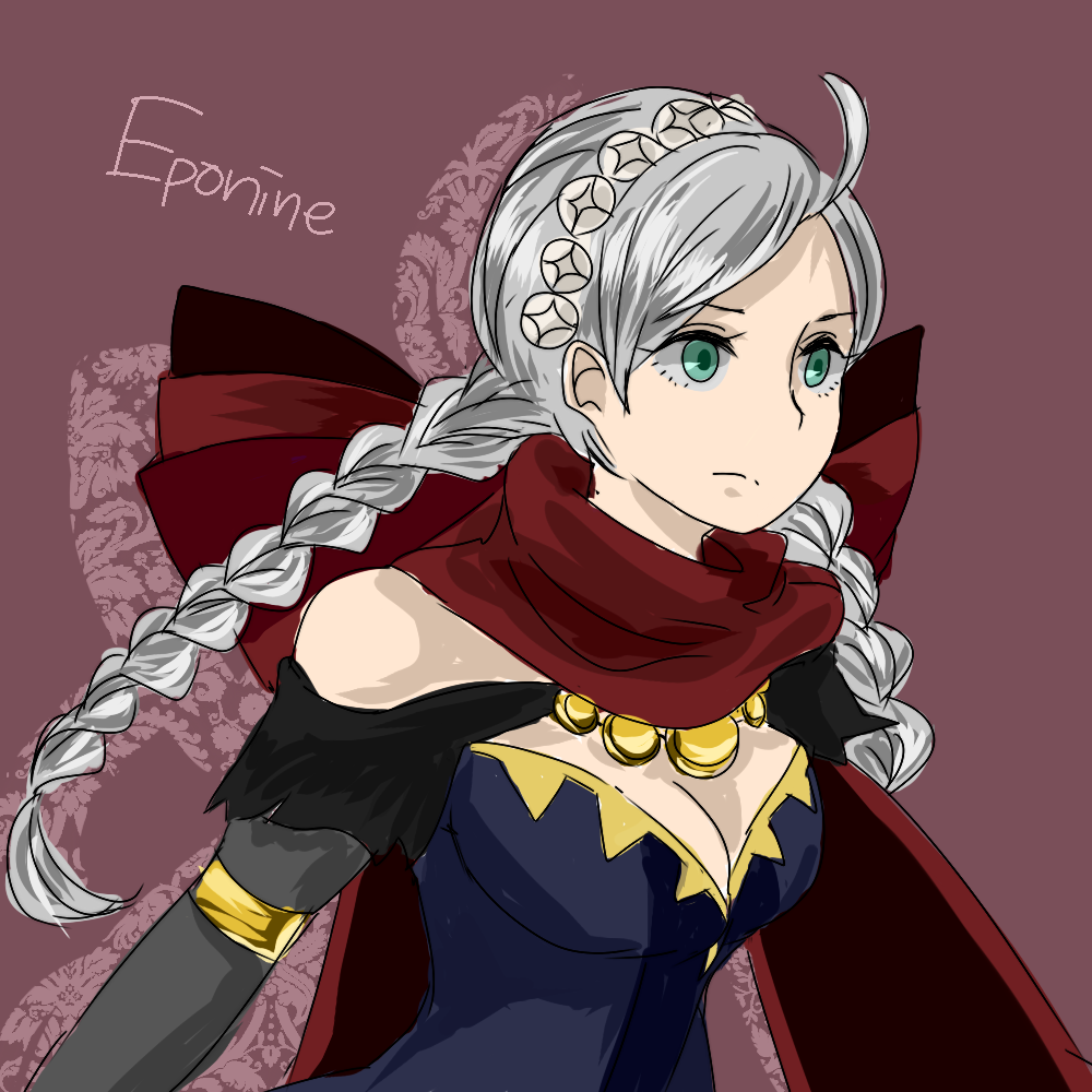 1girl, ahoge, alternate_costume, bangs, blue_eyes, braid, breasts, bridal_gauntlets, fire_emblem, fire_emblem_fates, grey_hair, hairband, kiri_(tsuwano_010), long_hair, looking_at_viewer, looking_to_the_side, nina_(fire_emblem), solo, twintails, upper_body