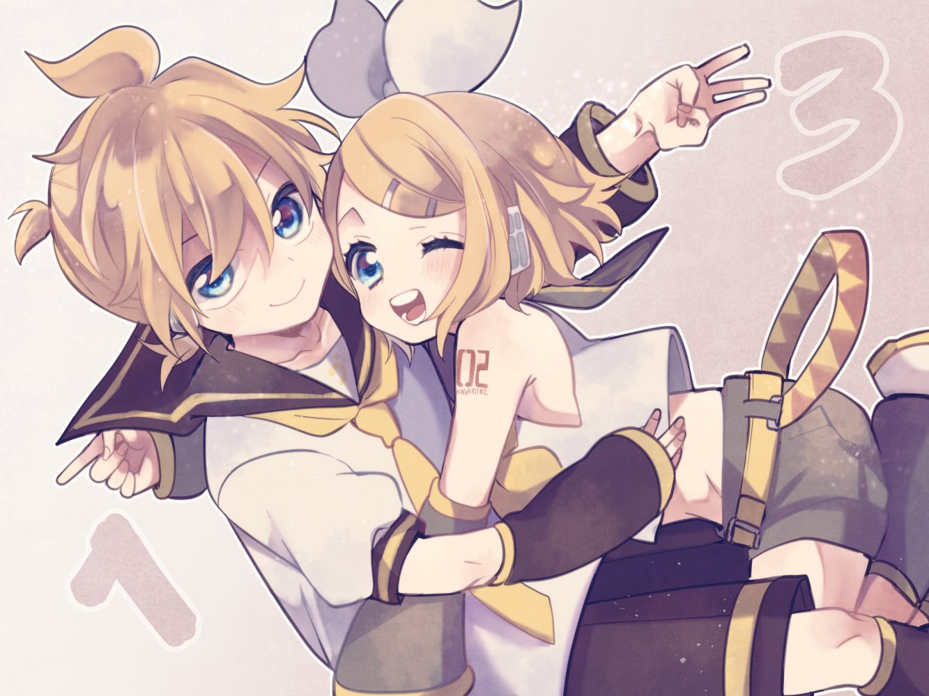 1boy, 1girl, anniversary, aoi_choko_(aoichoco), arm_warmers, bangs, bare_shoulders, belt