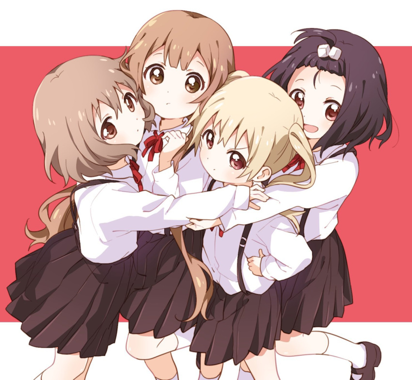 4girls, :d, bangs, black_footwear, black_hair, black_skirt, blonde_hair, brown_eyes