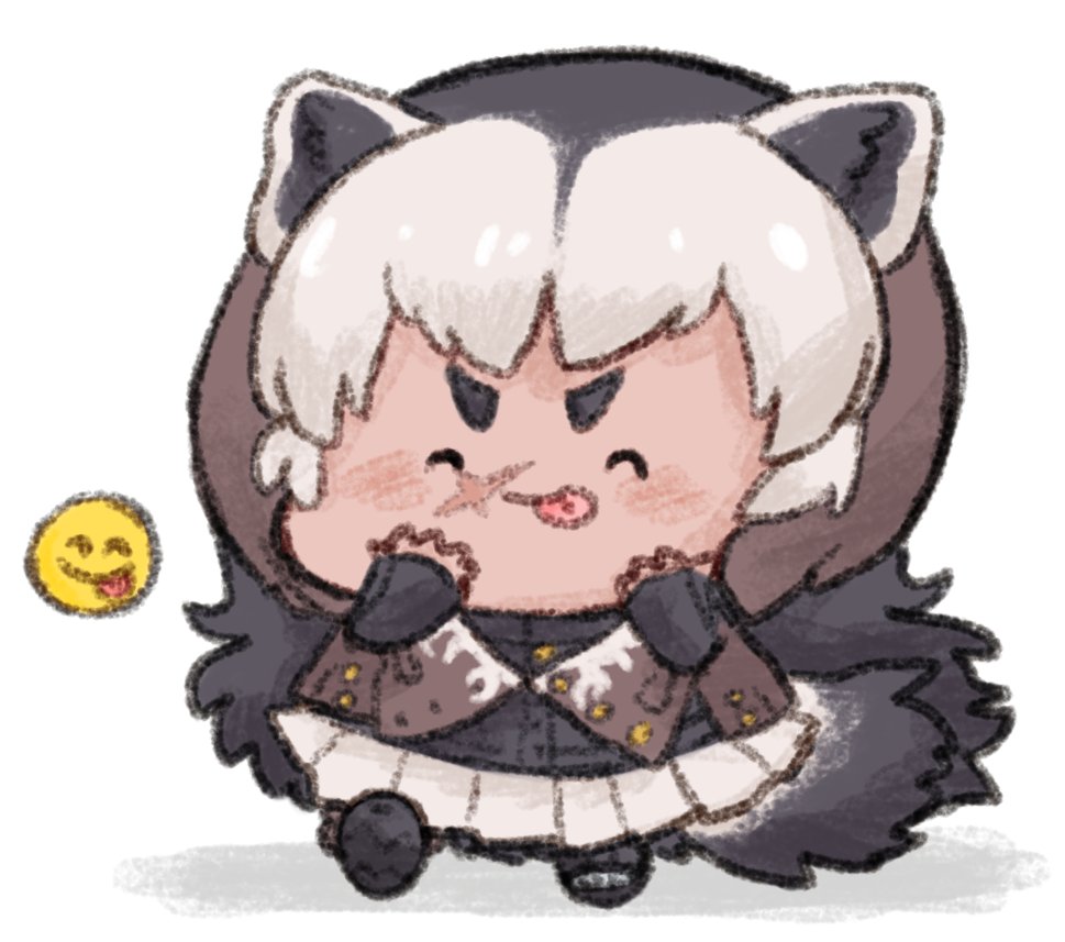 1girl, ^_^, animal_ears, badger_ears, badger_tail, black_hair, brown_hair, chibi