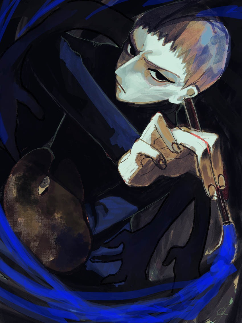1boy, absurdres, black_eyes, black_shirt, dark_background, grey_hair, hands, highres