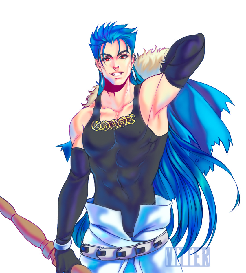 1boy, arm_behind_back, armpits, artist_name, belt, biceps, blue_hair, bracelet