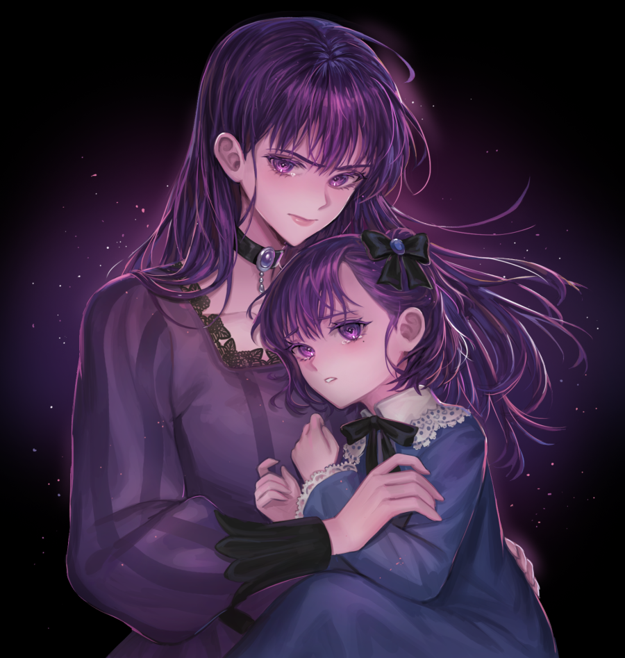 black_bow, black_choker, black_ribbon, blue_dress, bow, child, choker, dark_background, dress, gradient, gradient_background, hair_bow, long_hair, medea_solon, micha, puple_hair, ribbon, violet_eyes, younger, your_throne