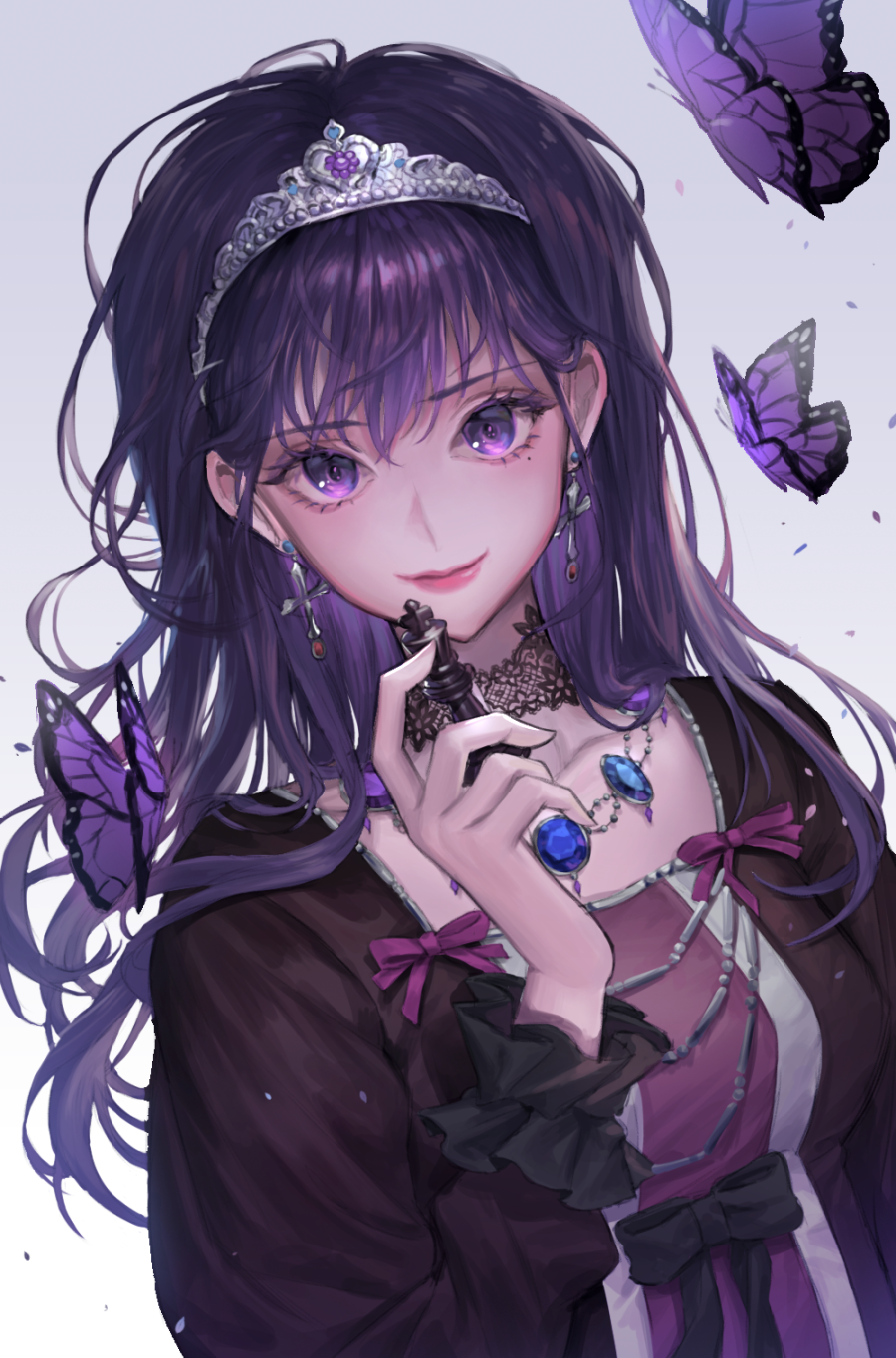1girl, bow, bug, butterfly, chess_piece, earrings, gem, highres, insect, jewelry, king_(chess), long_hair, long_sleeves, looking_at_viewer, medea_solon, micha, necklace, purple_butterfly, purple_hair, smile, solo, tiara, upper_body, violet_eyes, white_background, your_throne