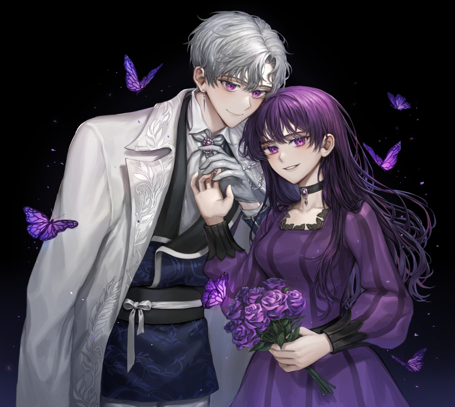 1boy, 1girl, black_background, black_choker, breasts, brooch, bug, butterfly, choker, dress, earrings, flower, formal, gloves, gradient, gradient_background, grey_hair, helio_niccolo, hetero, holding, holding_flower, insect, jewelry, leaning_forward, long_hair, long_sleeves, looking_at_viewer, medea_solon, medium_breasts, micha, purple_butterfly, purple_dress, purple_hair, smile, standing, violet_eyes, white_gloves, your_throne