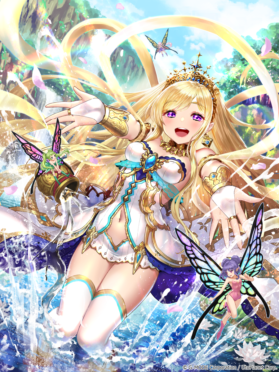4girls, :d, bangs, blonde_hair, bracelet, breasts, bridal_gauntlets, brooch, butterfly_wings, character_request, clouds, cloudy_sky, commentary_request, copyright_request, covered_navel, day, double_bun, dress, earrings, eyebrows_visible_through_hair, fairy, feet_out_of_frame, floating_hair, flower, glint, gold_trim, green_hair, hagoromo, highres, jewelry, long_hair, looking_at_viewer, multiple_girls, navel, official_art, open_mouth, partially_submerged, pink_dress, pink_hair, plateau, purple_hair, rainbow, red_eyes, shawl, sky, small_breasts, smile, splashing, sunlight, swept_bangs, thigh-highs, thighs, tiara, upper_teeth, very_long_hair, violet_eyes, water, watermark, white_dress, white_flower, white_legwear, wings, yapo_(croquis_side)