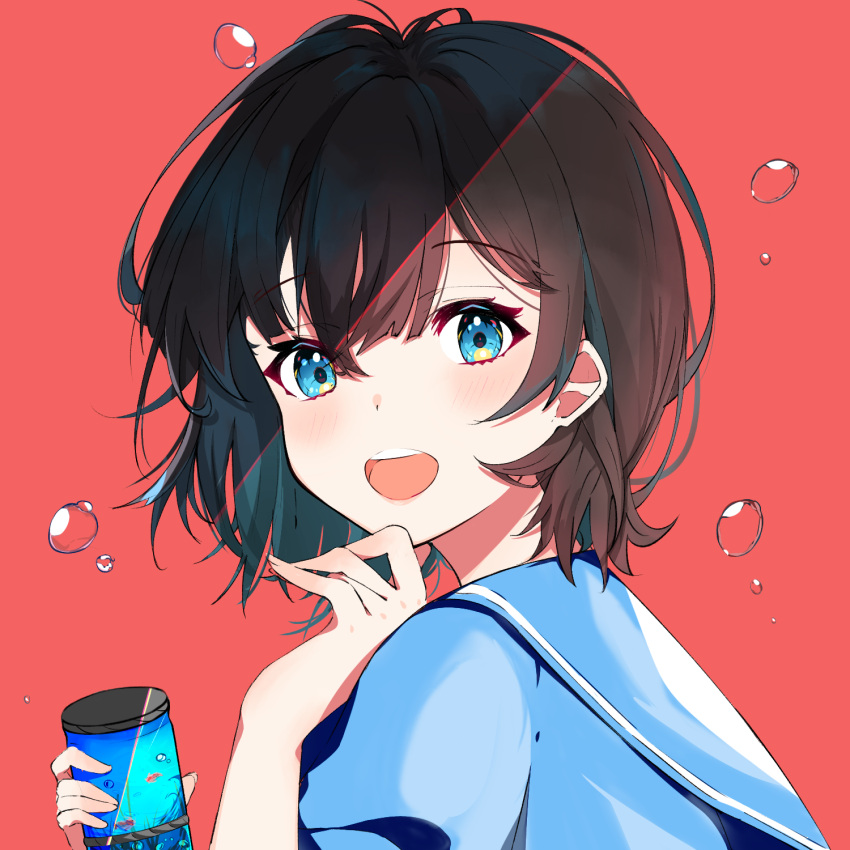 1girl, :d, air_bubble, blue_eyes, brown_hair, bubble, can, hair_between_eyes, hanamizuki_yuuki, hand_up, highres, looking_at_viewer, open_mouth, original, red_background, school_uniform, serafuku, short_hair, smile, soda_can, solo, upper_body