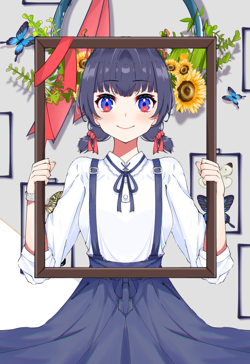 1girl, absurdres, bangs, black_hair, blue_butterfly, blue_eyes, bug, butterfly