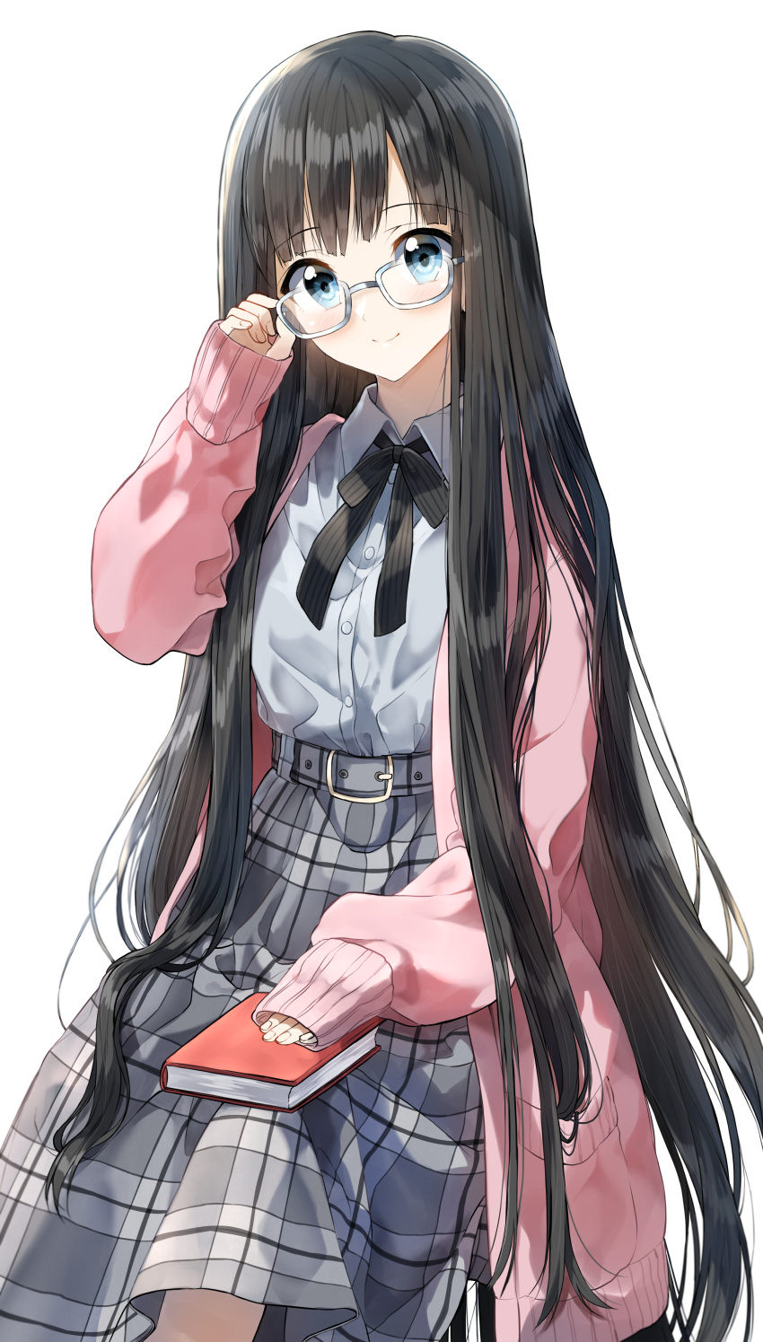 1girl, absurdres, adjusting_eyewear, bangs, belt, black_hair, black_neckwear, black_ribbon