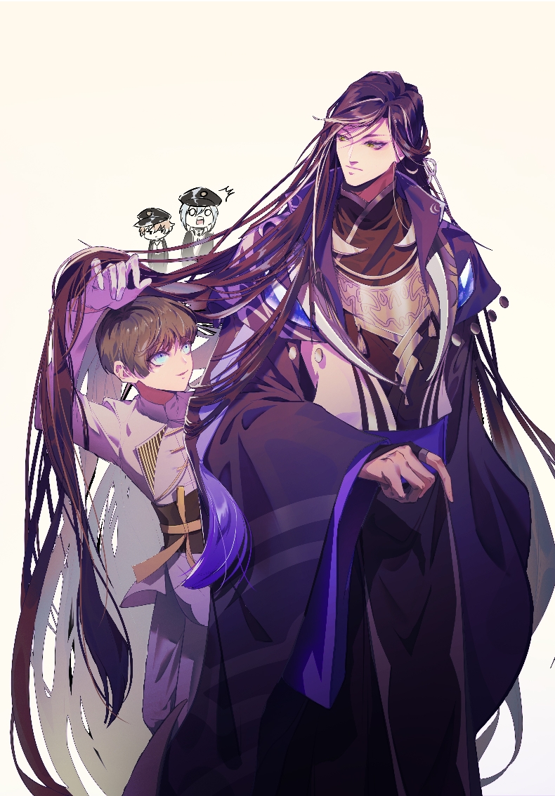 4boys, arms_up, black_headwear, blue_eyes, brown_hair, grey_hair, hat, kuze_(ivan1086)