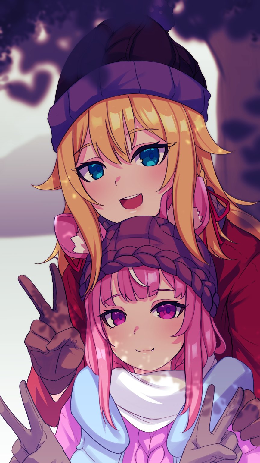 2girls, animal_ears, beanie, blonde_hair, blue_eyes, fang, gloves, hat