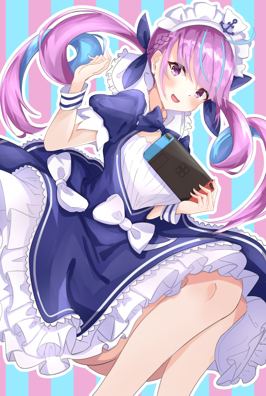 1girl, :d, ahoge, anchor_print, anchor_symbol, azuremo, bangs, blue_background