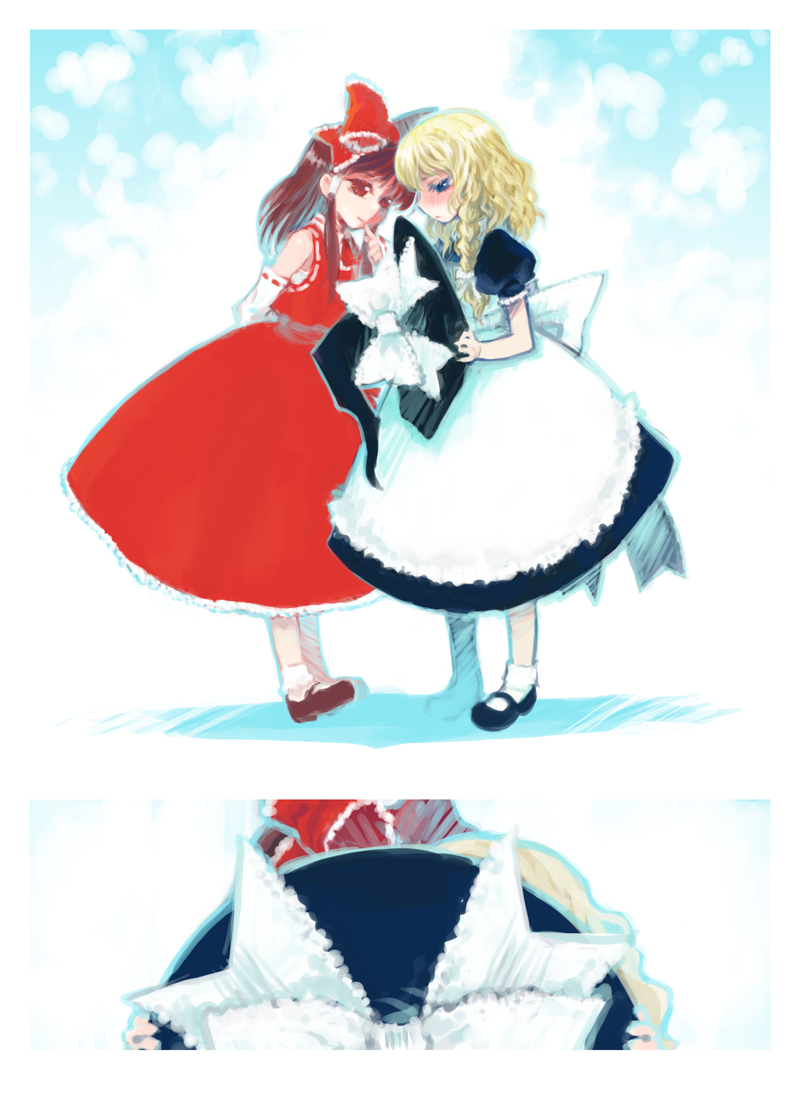 apron, blonde_hair, blue_eyes, blush, braid, hair_ribbon, hair_ribbons, hakurei_reimu