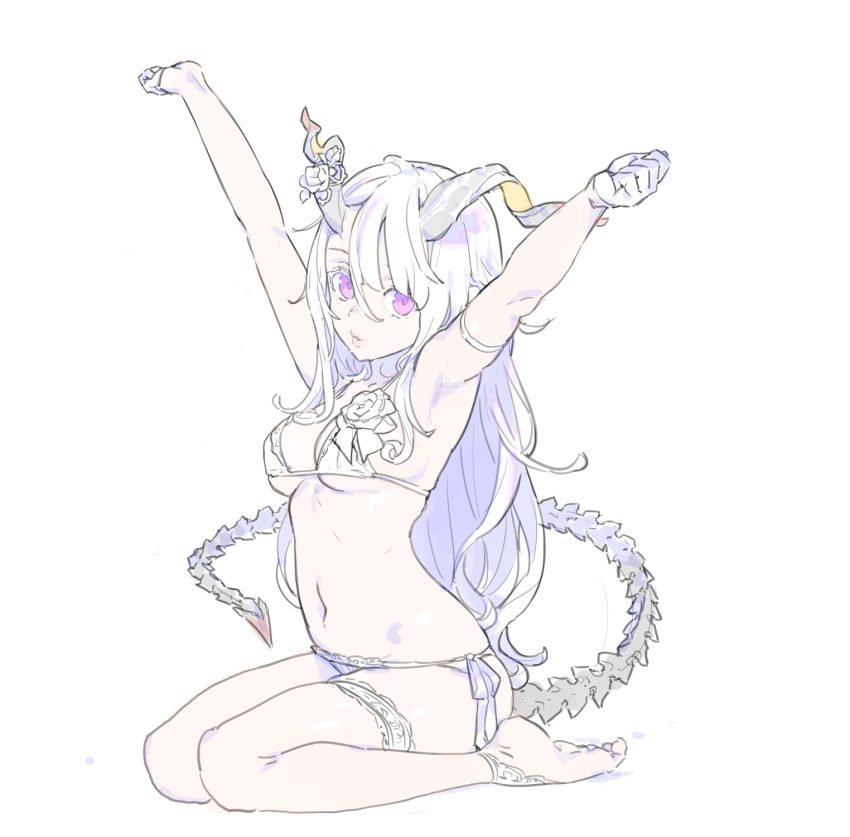1girl, arm_strap, armpits, barefoot, bone, bone_tail, bra, breasts