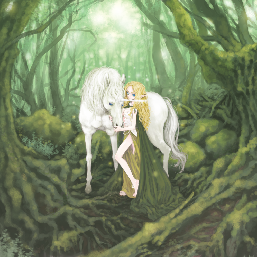 blonde_hair, blue_eyes, elf, fantasy, forest, long_hair, mashiko_hiromi, nature, original, pointy_ears, unicorn
