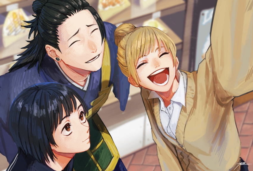 1000_(user_1527793), 1boy, 2girls, :d, ^_^, bangs, black_eyes, black_hair