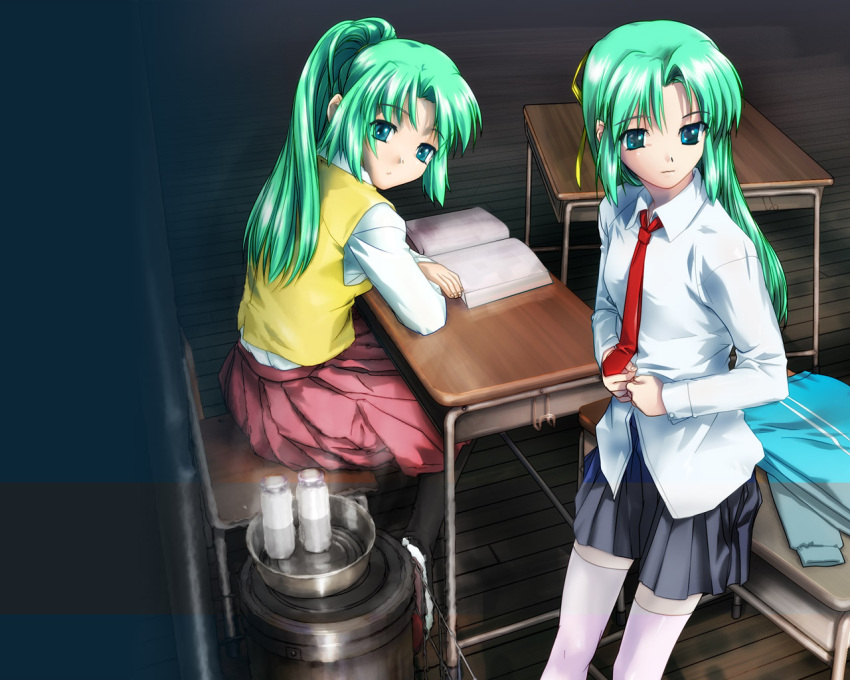 ashibe_ryou, green_hair, higurashi_no_naku_koro_ni, pleated_skirt, school_uniform, siblings, skirt, sonozaki_mion