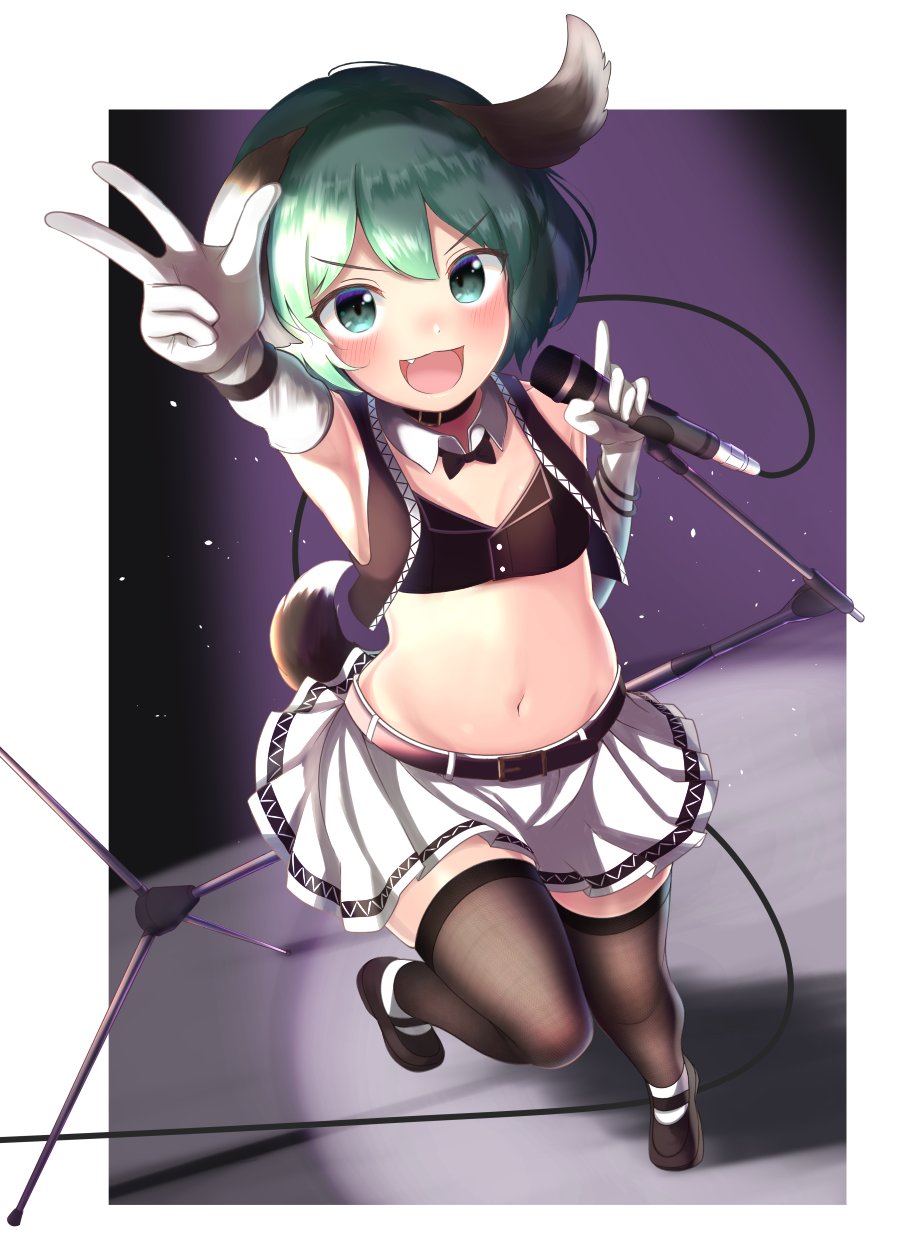 1girl, animal_ears, bangs, black_footwear, blush, border, brown_legwear, commentary_request