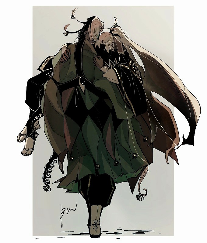2boys, amakusa_shirou_(fate), ashiya_douman_(fate), asymmetrical_hair, black_eyes, black_hair, bun_(game728hale396), carrying