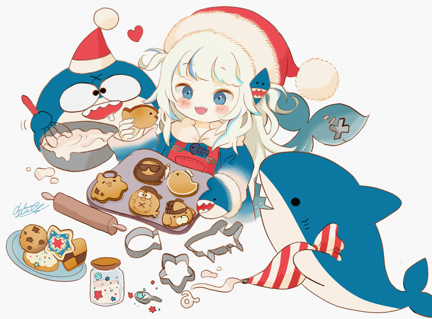 1girl, baking, bangs, bloop_(gawr_gura), blue_eyes, blue_hair, blush, chikuwa_emil, cookie, cookie_cutter, english_commentary, eyebrows_visible_through_hair, fish_tail, food, gawr_gura, hat, heart, holding, holding_tray, hololive, hololive_english, icing, multicolored_hair, open_mouth, pastry_bag, rolling_pin, santa_hat, shark, shark_tail, sharp_teeth, silver_hair, smile, streaked_hair, tail, teeth, tray, two_side_up, virtual_youtuber
