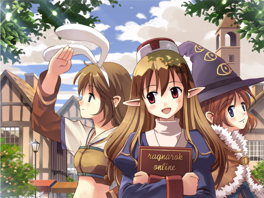3girls, animal_ears, bangs, blue_dress, blue_eyes, blush, book, brown_cape