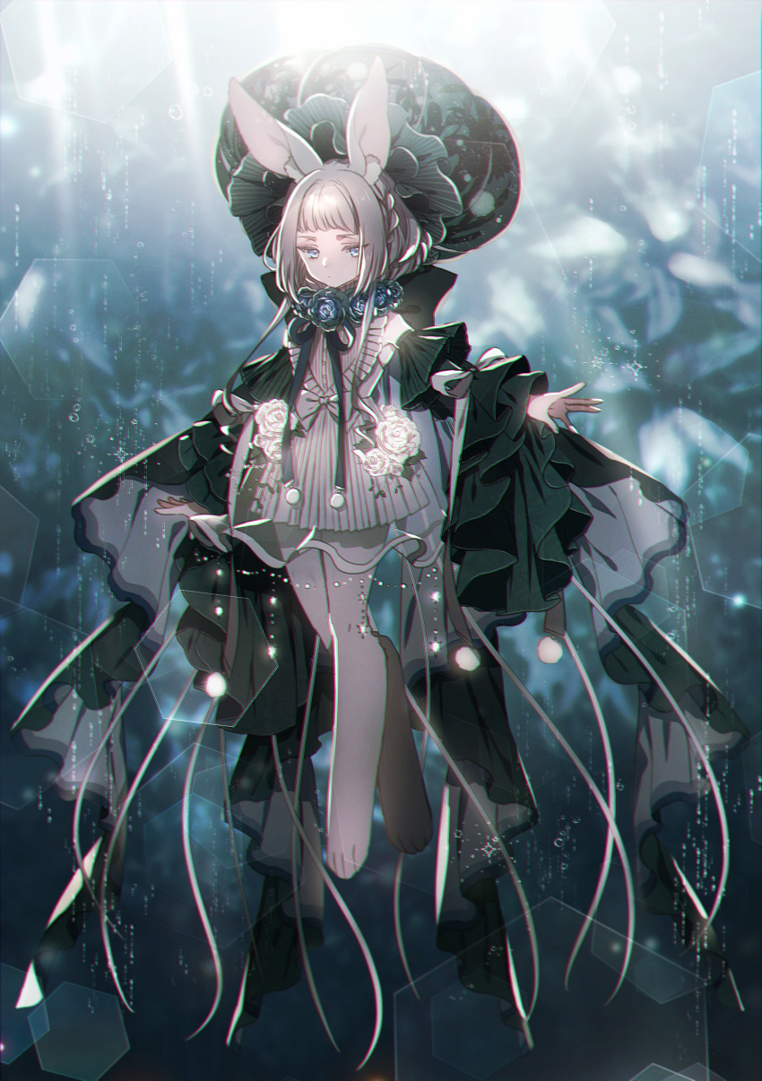 1girl, absurdres, animal_ear_fluff, animal_ears, bangs, blue_ribbon, blurry, bow