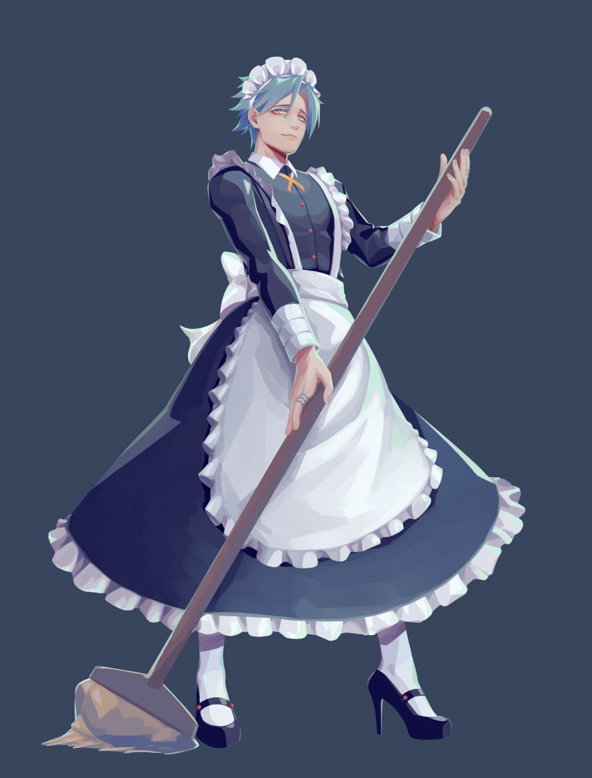1boy, apron, black_dress, black_footwear, blue_hair, dress, fukuda_tamotsu, full_body