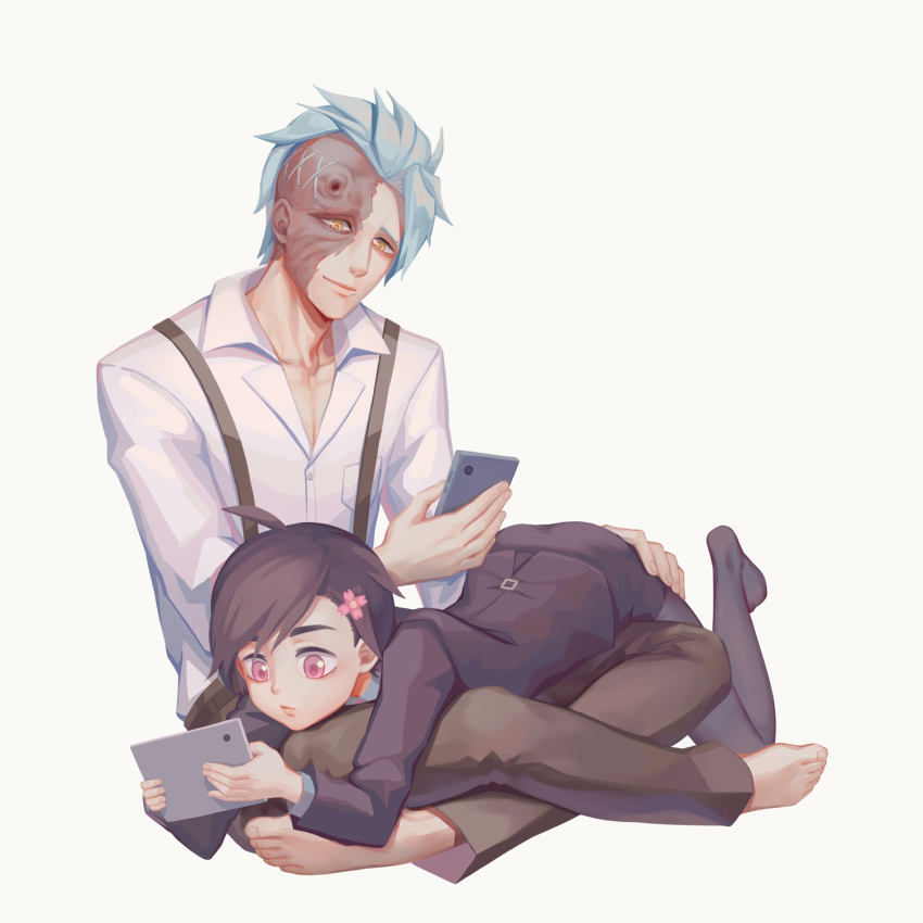 1boy, 1girl, barefoot, black_hair, black_pants, blue_hair, cellphone, crossed_legs