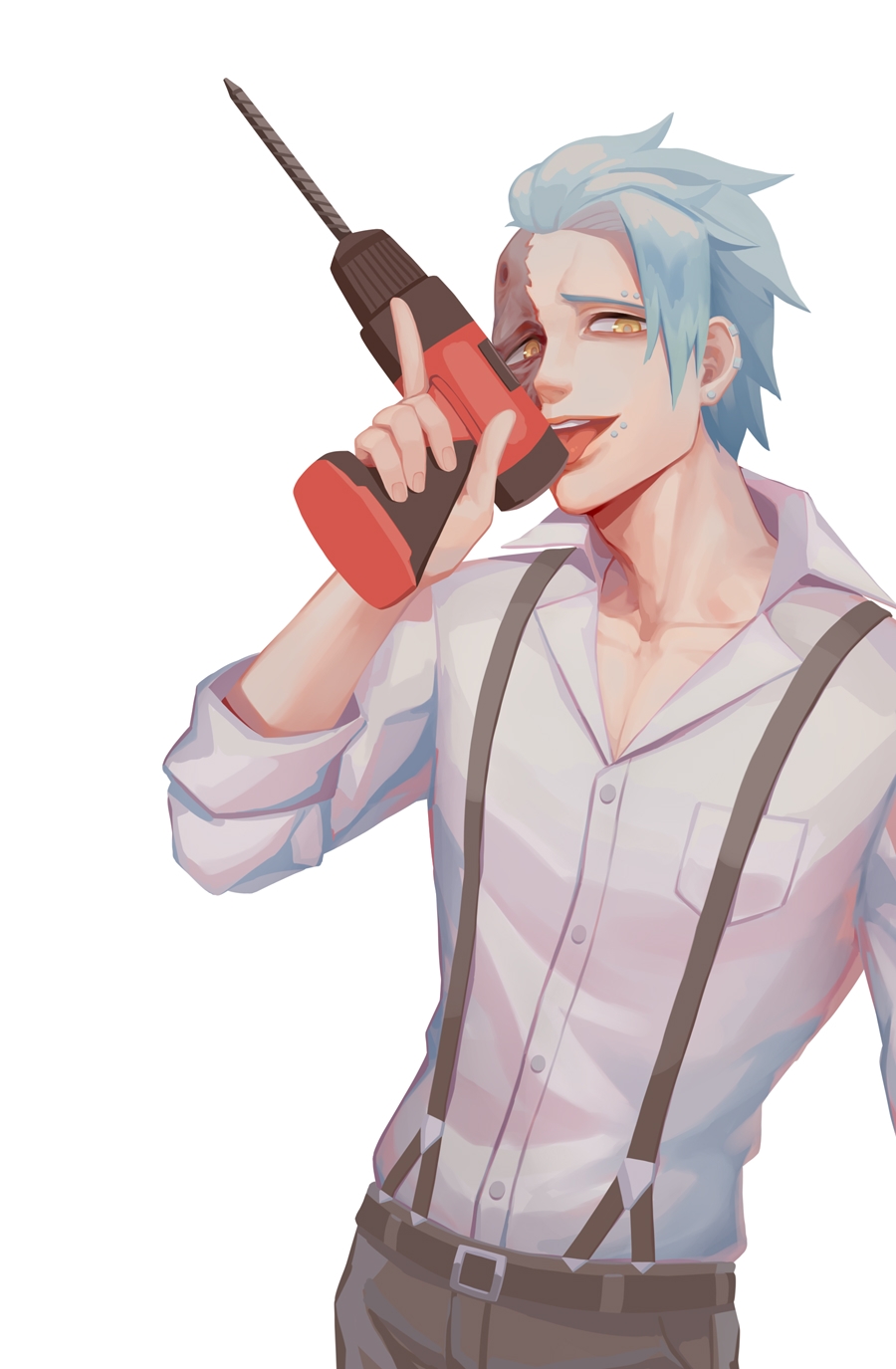 1boy, belt, blue_hair, drill, fukuda_tamotsu, highres, hole_in_head, id_:invaded