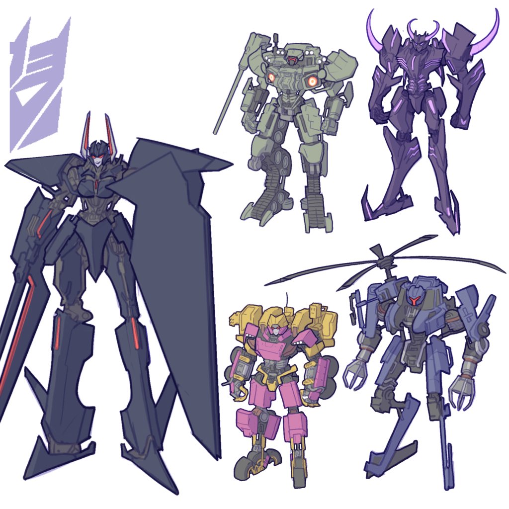 1girl, 4boys, beast_machines, blackshadow, bludgeon, claws, clenched_hands, decepticon