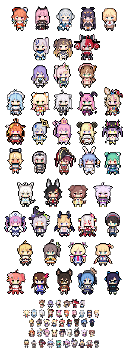 6+girls, airani_iofifteen, akai_haato, aki_rosenthal, amane_kanata, animal_ears, anya_melfissa, aqua_eyes, ayunda_risu, black_bow, black_hair, blue_eyes, blue_hair, bow, brown_eyes, cat_ears, cat_girl, chibi, demon_girl, demon_horns, detached_hair, dog_ears, dog_girl, double_bun, dragon_horns, everyone, fish_tail, fox_ears, fox_girl, gawr_gura, glasses, gradient_hair, green_hair, grey_hair, hair_bow, hat, highres, himemori_luna, hololive, hololive_english, hololive_indonesia, horns, hoshimachi_suisei, houshou_marine, inugami_korone, jester_cap, kiryuu_coco, kureiji_ollie, lion_ears, lion_girl, mano_aloe, minato_aqua, momosuzu_nene, moona_hoshinova, mori_calliope, morinaga_kokoa, multicolored_hair, multiple_girls, murasaki_shion, nakiri_ayame, natsuiro_matsuri, nekomata_okayu, ninomae_ina'nis, omaru_polka, ookami_mio, oozora_subaru, orange_hair, pavolia_reine, pink_hair, pixel_art, pointy_ears, purple_hair, rabbit_ears, rabbit_girl, red_eyes, redhead, roboco-san, sakura_miko, shark_girl, shark_tail, sheep_horns, shirakami_fubuki, shiranui_flare, shirogane_noel, shishiro_botan, side_ponytail, silver_hair, streaked_hair, tail, takanashi_kiara, tokino_sora, tokoyami_towa, transparent_background, tsunomaki_watame, twintails, uruha_rushia, usada_pekora, violet_eyes, virtual_youtuber, watson_amelia, witch_hat, wolf_ears, wolf_girl, yellow_eyes, yozora_mel, yukihana_lamy, yuujin_a_(hololive), yuzuki_choco, zoom_layer