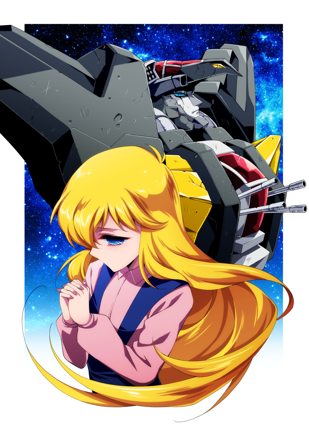 1girl, blonde_hair, blue_eyes, choujuu_kishin_dancouga, cropped_torso, dancouga, floating_hair, hands_together, highres, laura_sullivan, looking_down, looking_up, mecha, overalls, pink_shirt, science_fiction, shapiro, shirt, space, super_robot